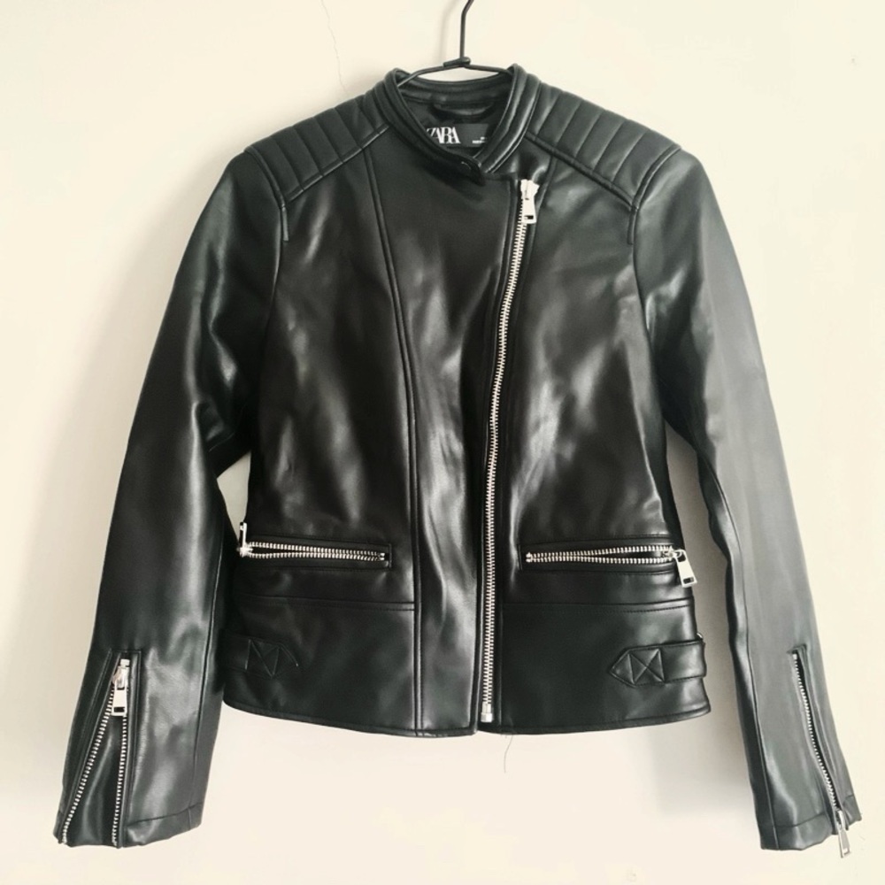 Zara Faux Leather Black Moto Biker Jacket Women’s Size M Medium Zip Up